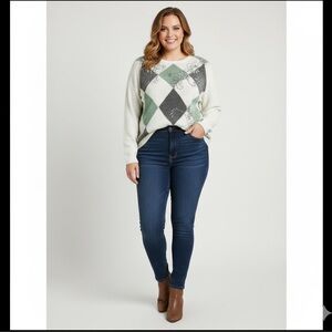 Alfred Dunner Women's Floral Argyle Sweater  1X -Green, Gray, and White
